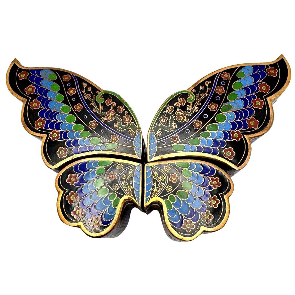 Cloisonné Vtg Brass Butterfly Trinket Box Blue Green Black Gold Tone Chinese